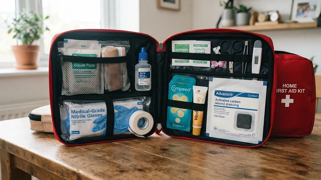 Preparedness first aid kit containing standard wound supplies and a sealed activated carbon dressing