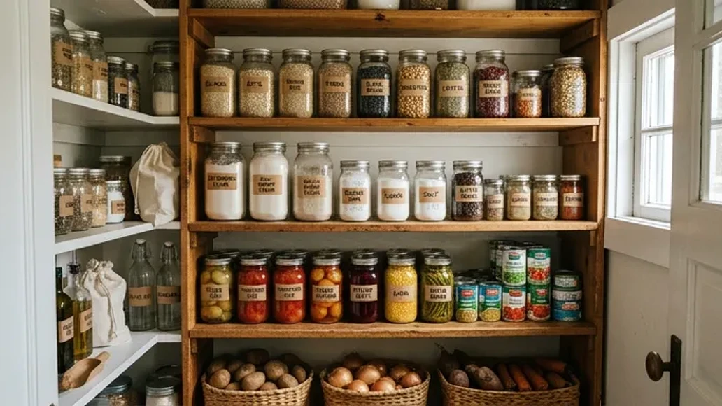 Organized pantry shelves with staple foods and preserved goods