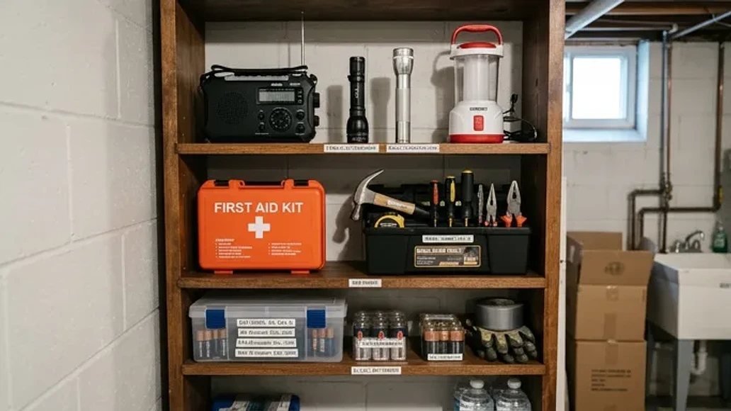 Preparedness shelf with durable basic gear and emergency lighting