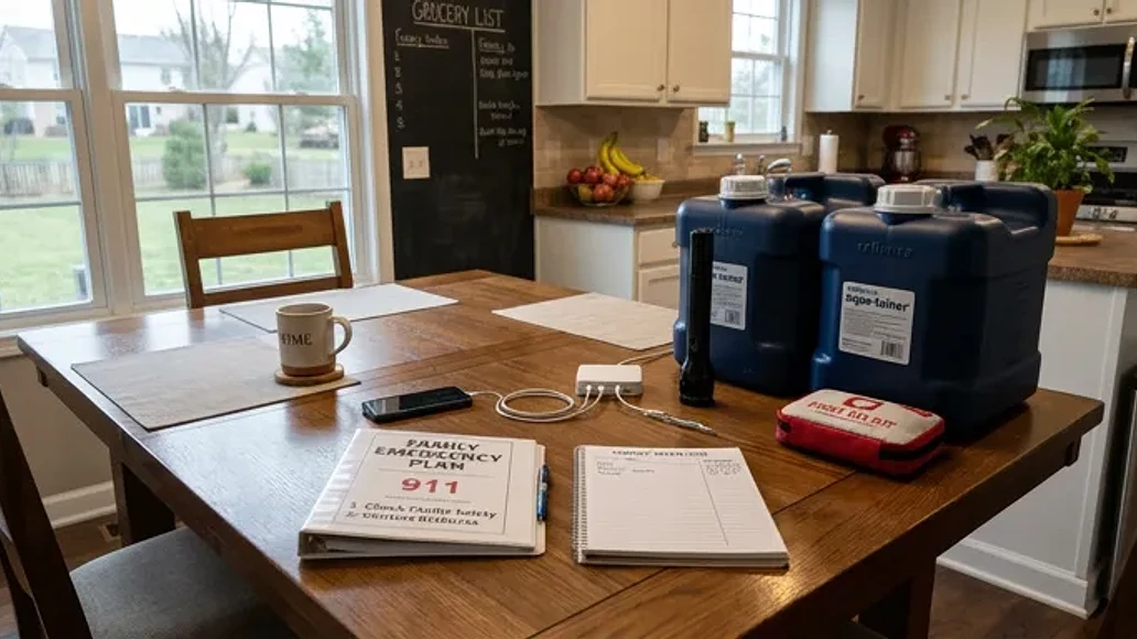 Simple household emergency planning setup with water, supplies, and checklist