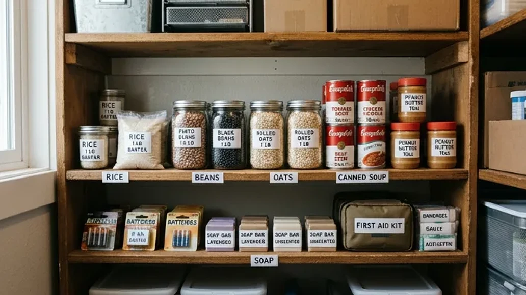 Organized pantry with small barter-ready food and supply units