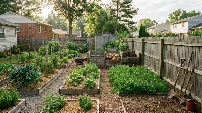 Backyard garden with compost, mulch, and cover crops