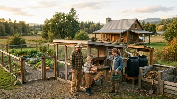 Small homestead with chickens, fenced garden, and compost area