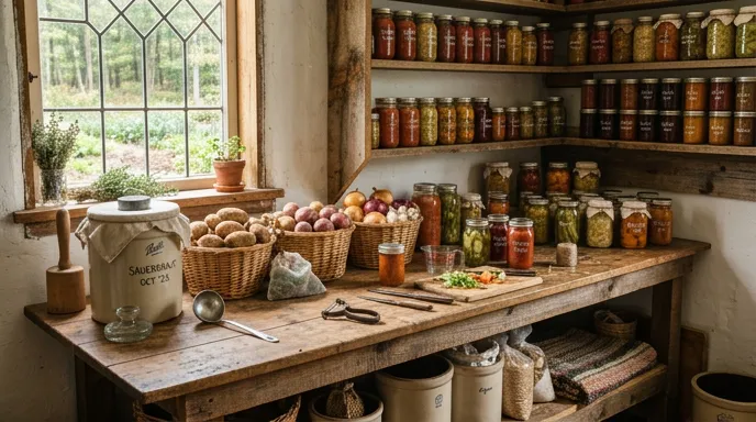 Pantry with home-canned food, root vegetables, and fermentation crock