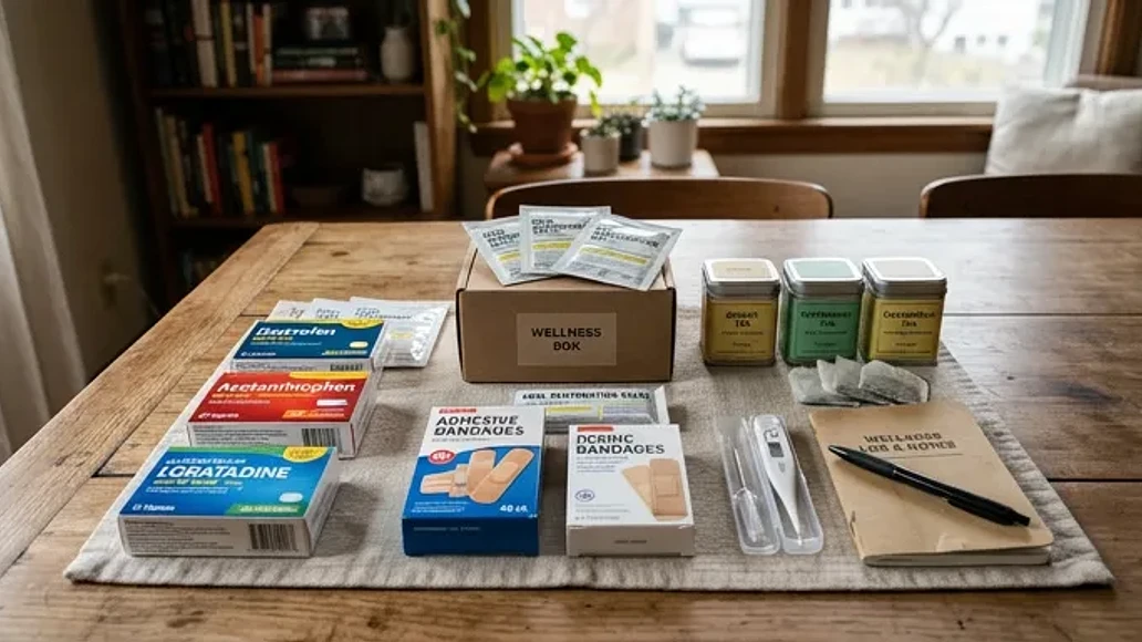 A practical wellness kit with first aid supplies, OTC medicines, and a few gentle herbal teas.