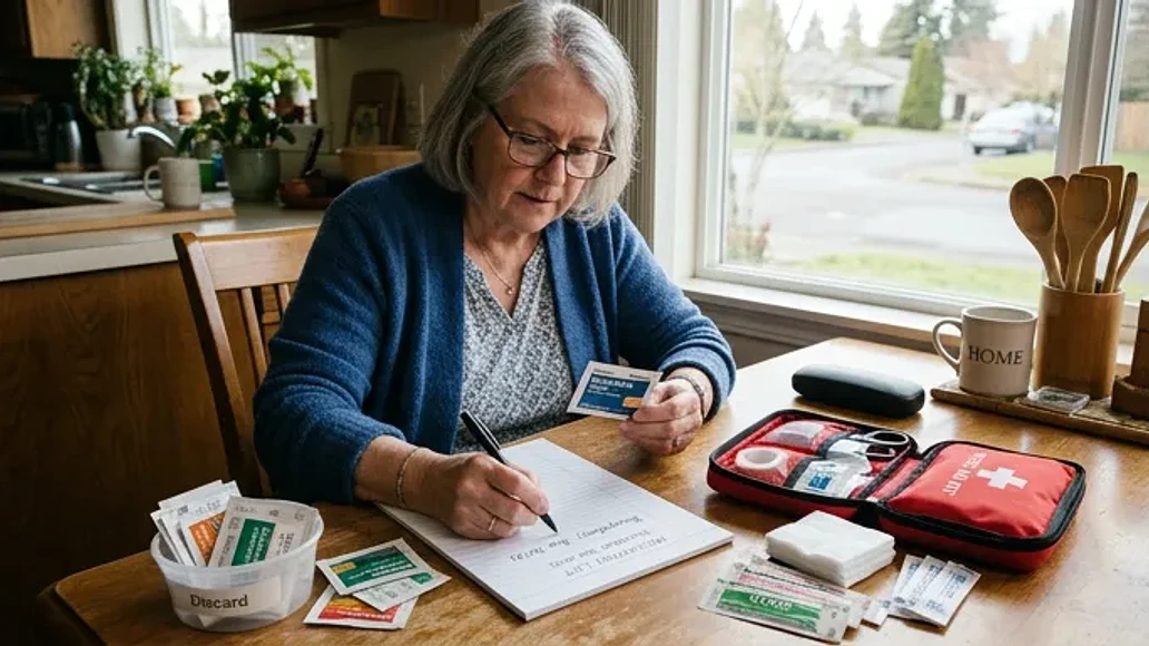 A person organizing a home medicine kit and checking expiration dates.