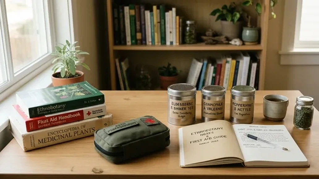 A respectful learning setup with preparedness supplies, books, and labeled herbal staples.