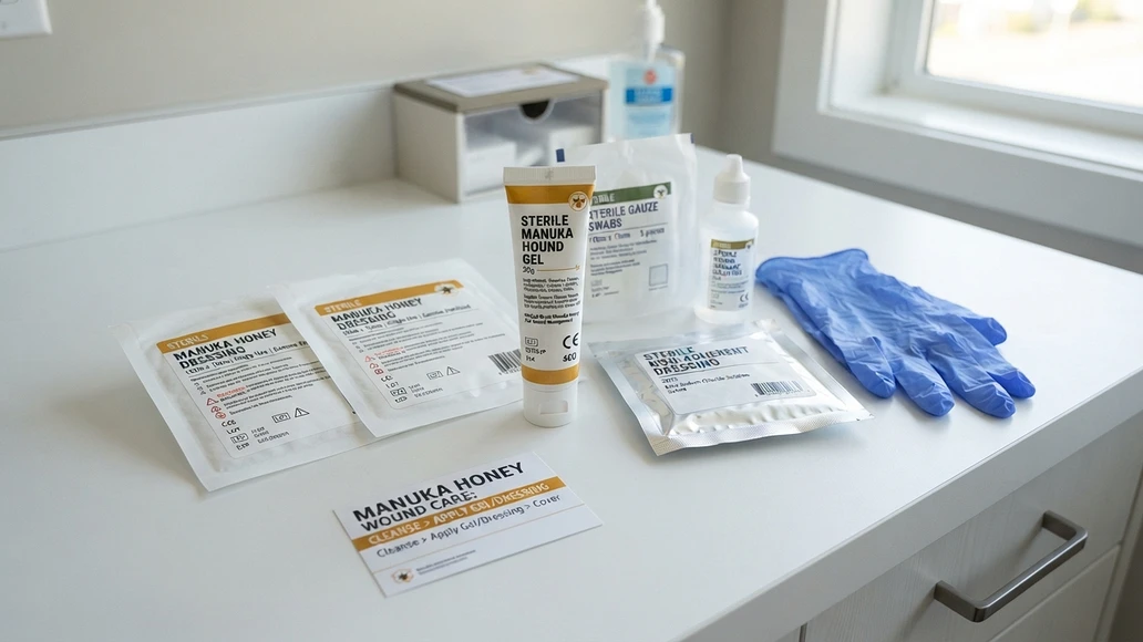 Sterile medical-grade honey dressings and wound care supplies laid out on a clean surface