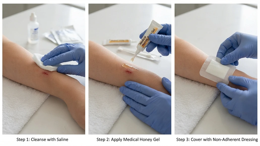 Applying sterile medical honey to a small cleaned scrape before covering it with a dressing