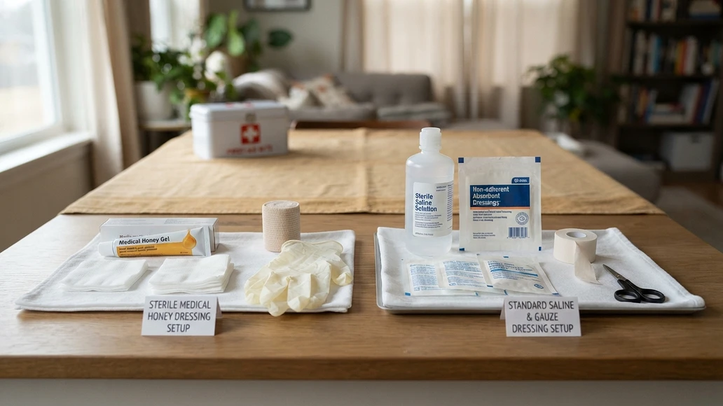Medical honey dressings compared with standard wound care supplies on a clean table