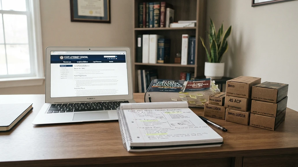 Desk setup showing state law research for specialty ammunition