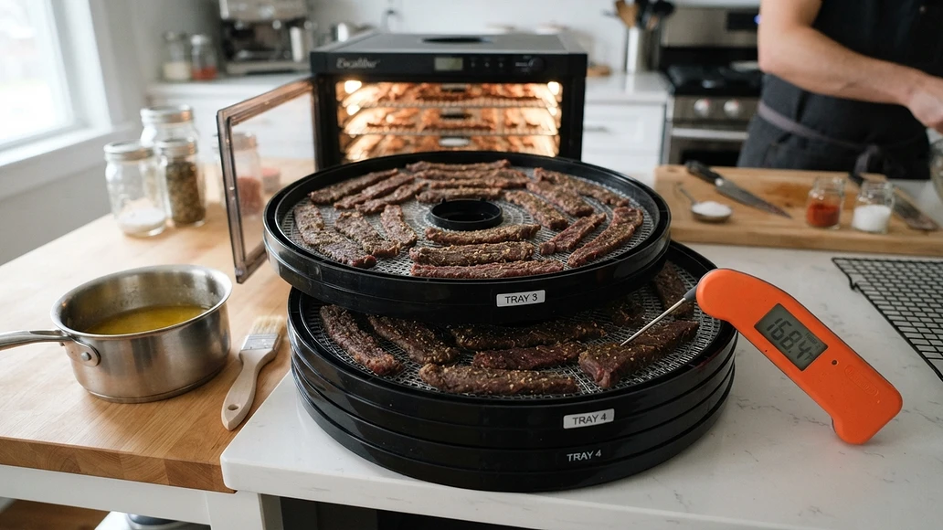 Lean meat being dried safely with a thermometer and rendered tallow nearby
