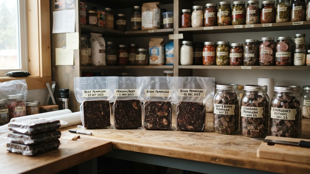 Homemade pemmican packaged in jars and vacuum-sealed bags with labels