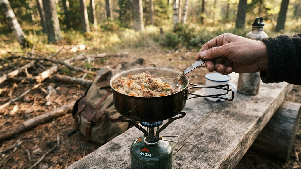 Pemmican being used in a simple emergency meal with rice and dried vegetables