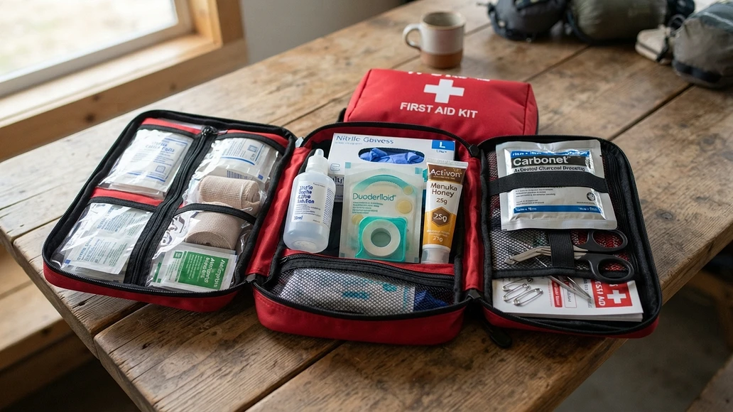 A practical emergency wound care kit with standard supplies and an optional charcoal dressing