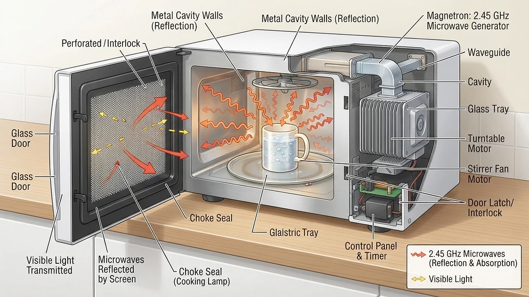 Cutaway view of a microwave oven showing how the metal cavity and door mesh contain microwave energy