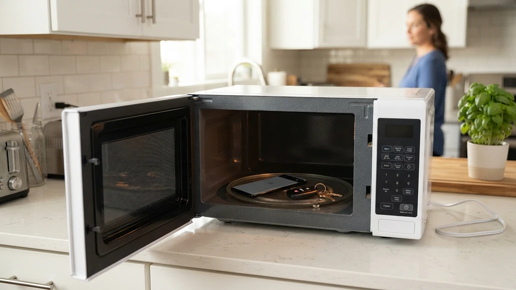 Phone and car key fob inside an unplugged microwave as a demonstration of temporary signal blocking