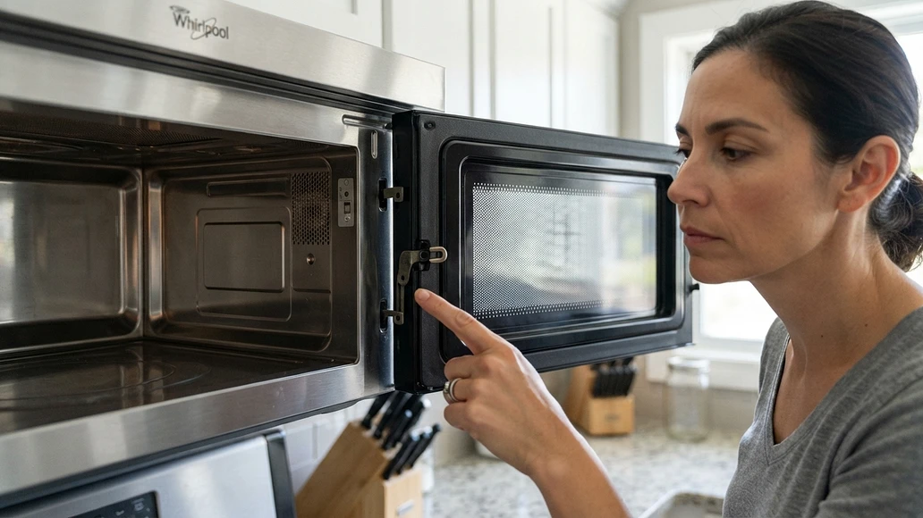Inspecting a microwave door seal, hinges, and screen for damage or wear