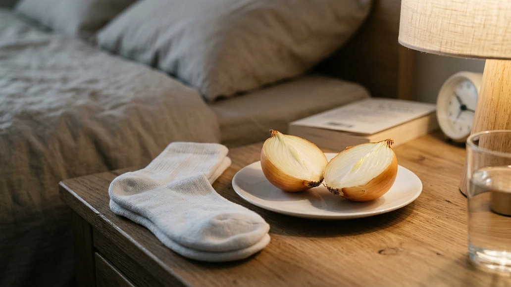 Sliced onion and clean socks on a bedside table in a home setting