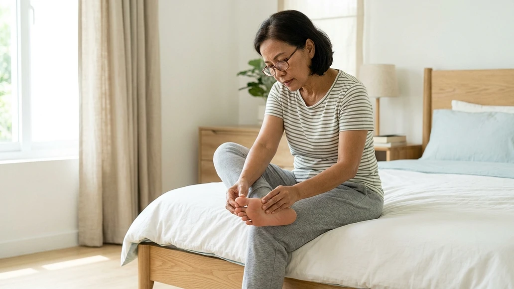 Person checking the bottom of their foot for redness or irritation