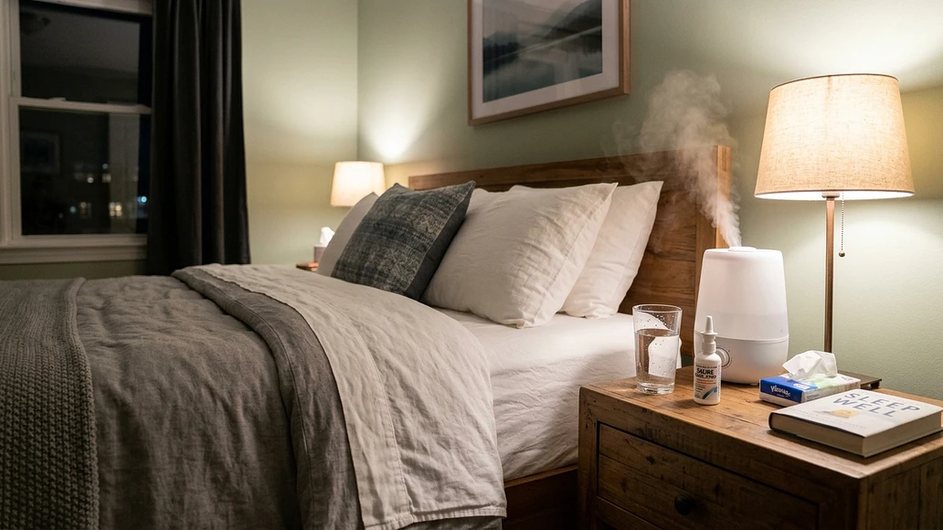 Bedroom setup with water, saline spray, and a humidifier for nighttime comfort