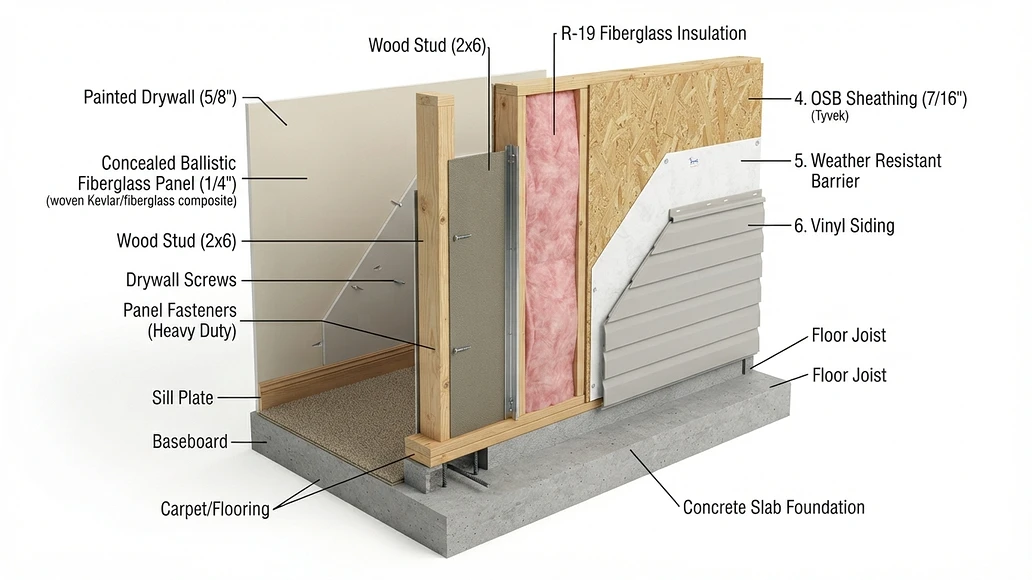 Cutaway view of a wall with drywall covering a concealed ballistic panel