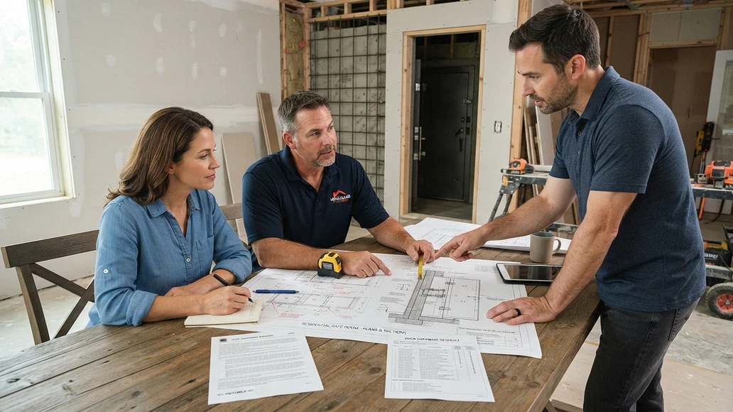 Homeowner and contractor reviewing plans for a hardened room