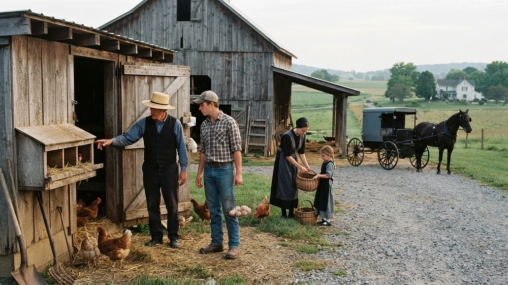 Outsider learning daily farm work alongside an Amish family