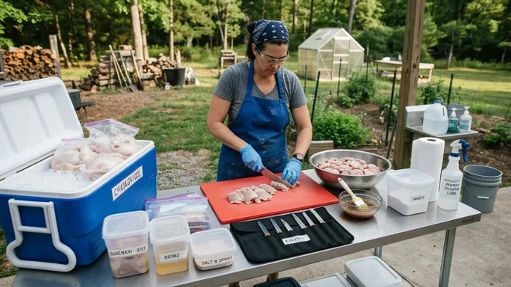 Clean outdoor food processing setup with sanitation supplies and organized tools