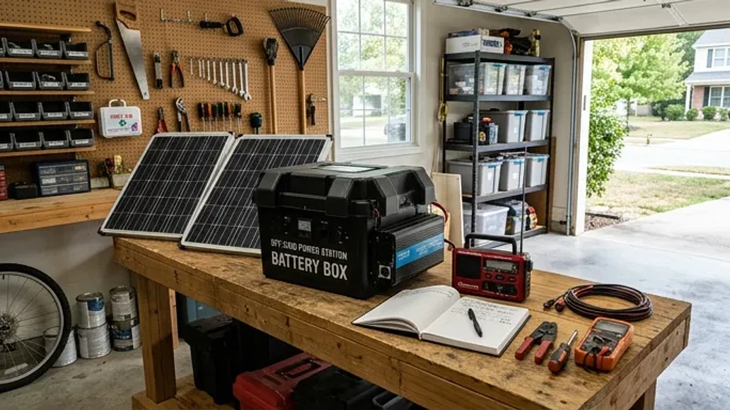 Portable solar and battery backup setup on a home workbench