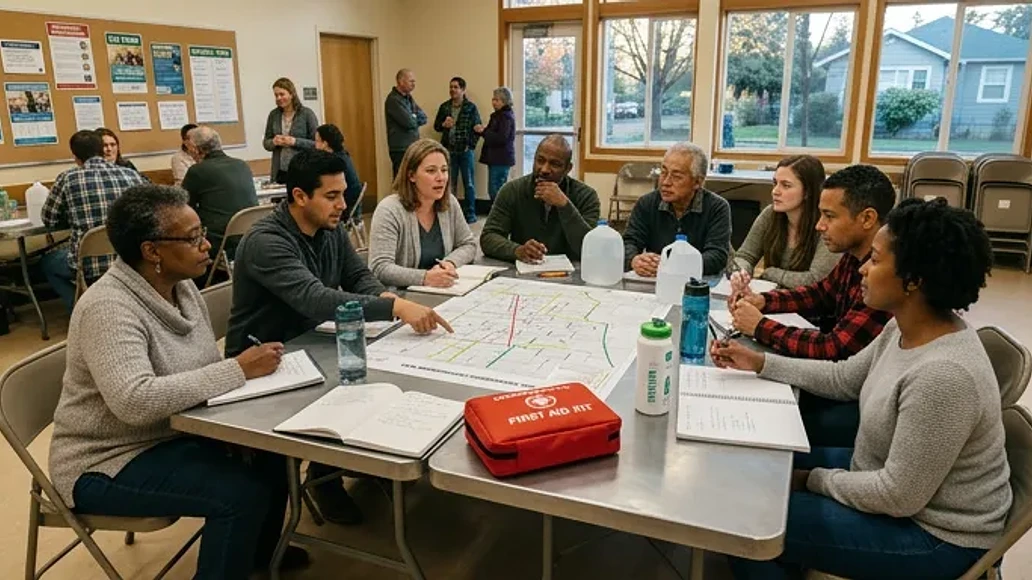 Neighbors planning emergency support together at a community table