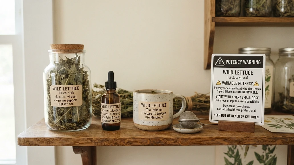 Wild lettuce forms such as dried herb, tincture, and tea shown with a caution about variable potency