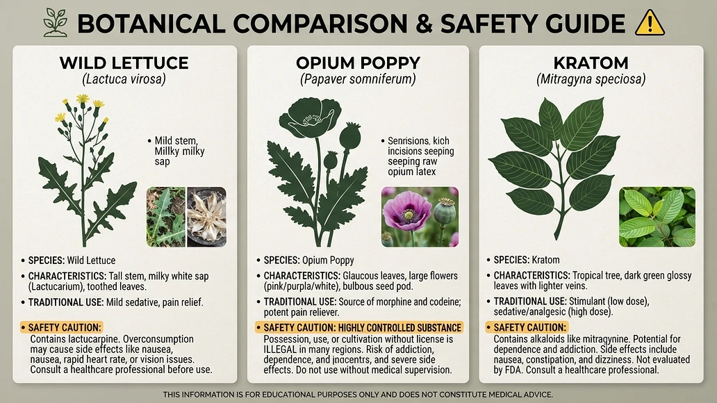 Comparison of wild lettuce, opium poppy, and kratom in an educational infographic style