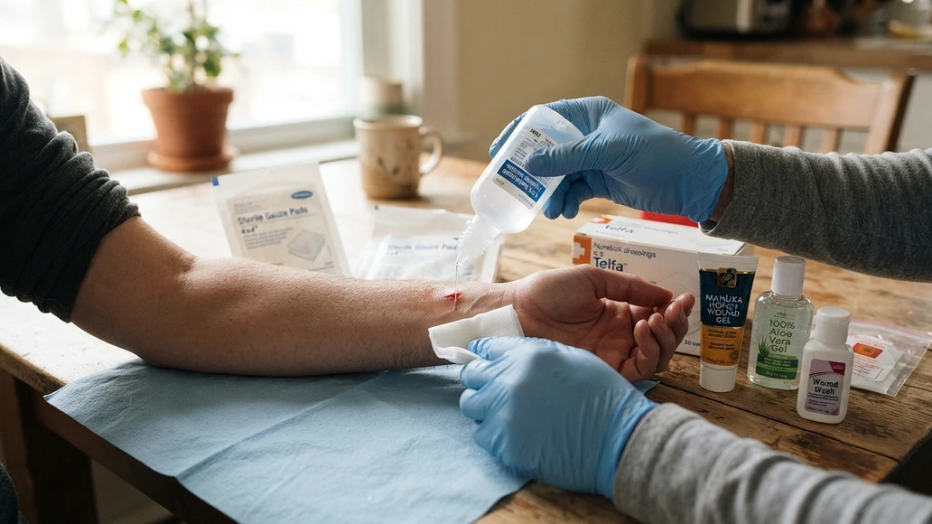 Safe home first aid for a minor cut with saline and clean dressings