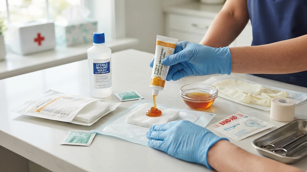 Sterile medical honey wound supplies arranged on a clean surface