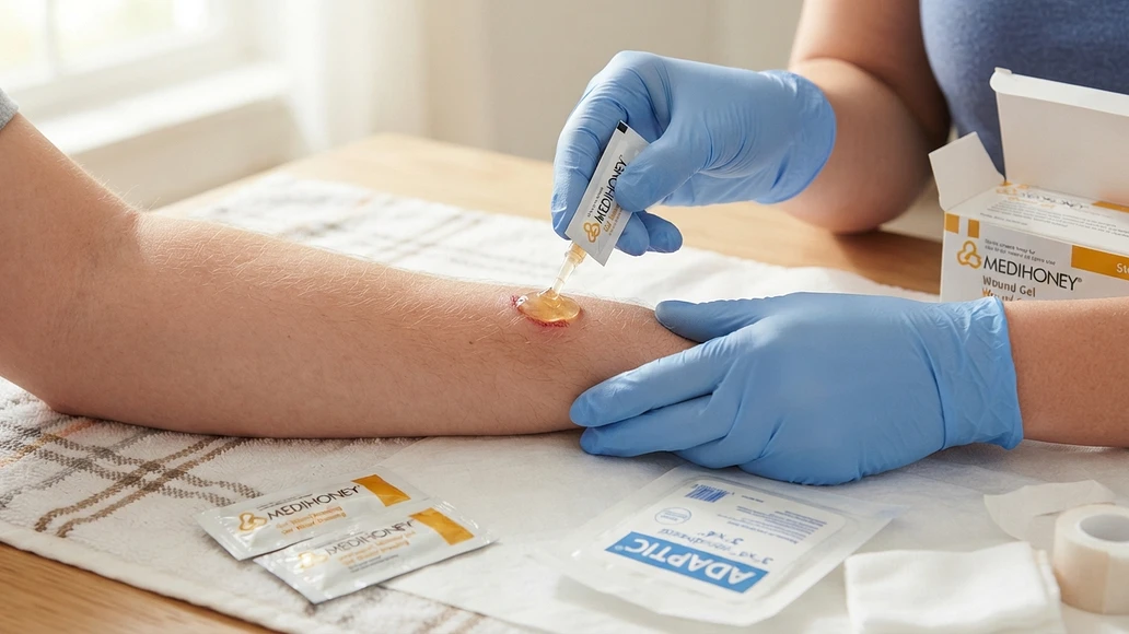 Applying a medical honey dressing to a minor wound