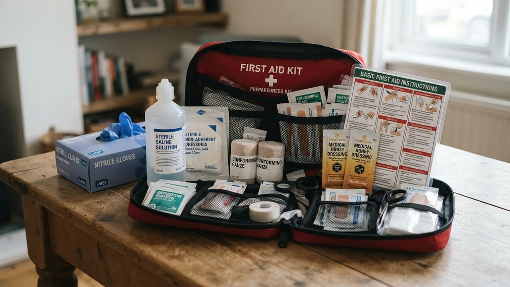 First-aid kit supplies including medical honey dressings
