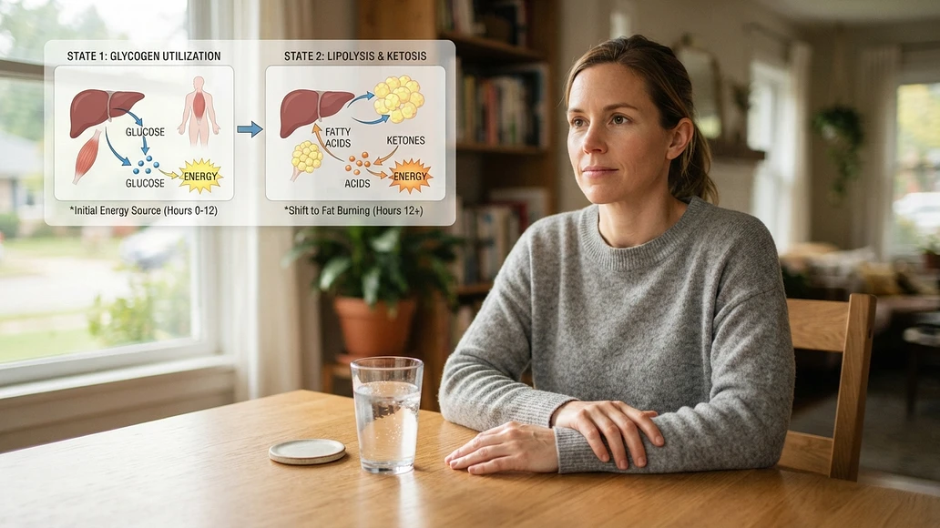 Illustration of the body's early shift from stored glucose to fat use during food deprivation