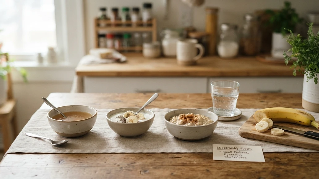 Small gentle foods and fluids that may be used when carefully resuming eating after deprivation