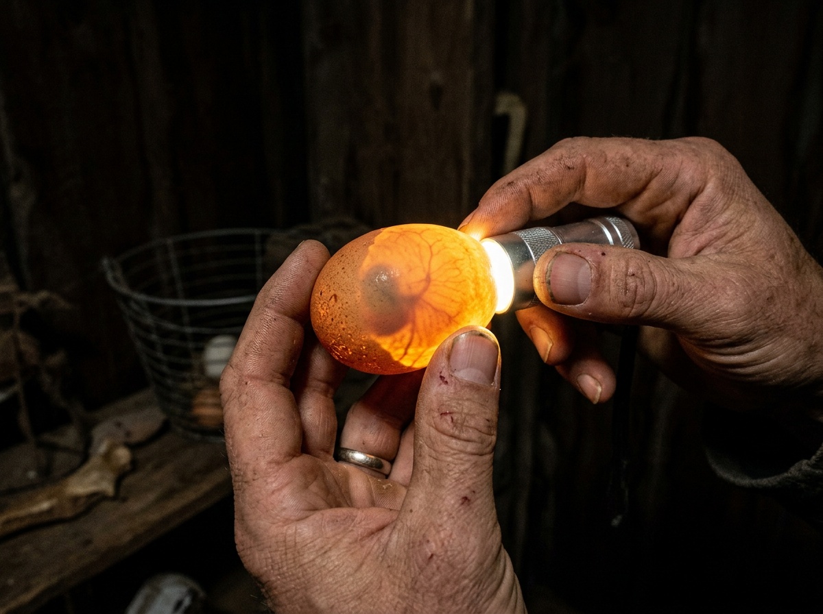Hands candling a chicken egg with flashlight glow through the shell