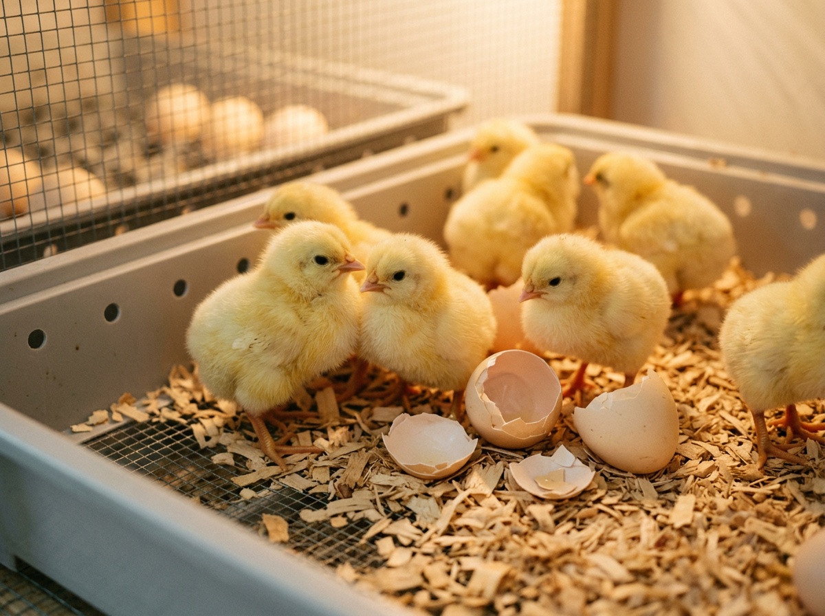 Newly hatched fluffy chicks with eggshell pieces in the incubator