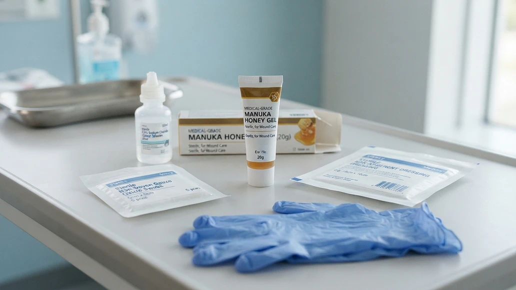 Medical-grade Manuka honey wound care supplies laid out on a clean surface