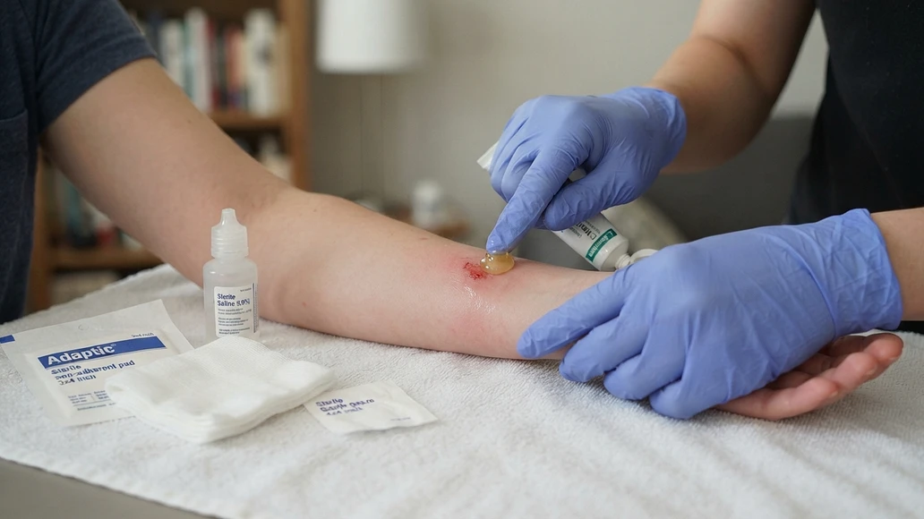 Gloved hands applying medical honey to a small cleaned abrasion