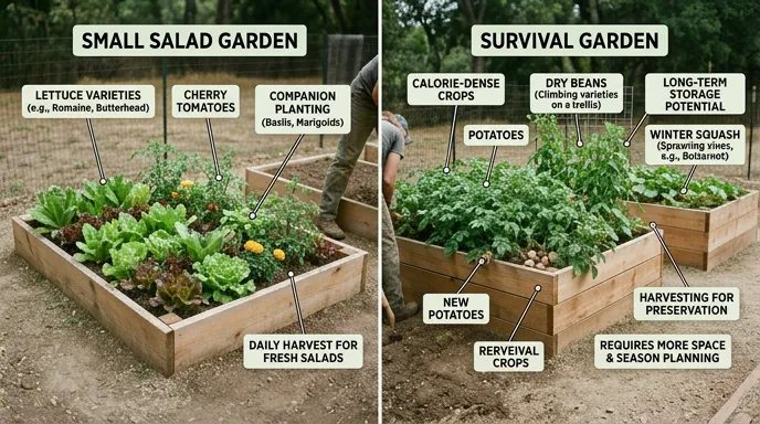Salad garden compared with calorie-focused survival garden beds