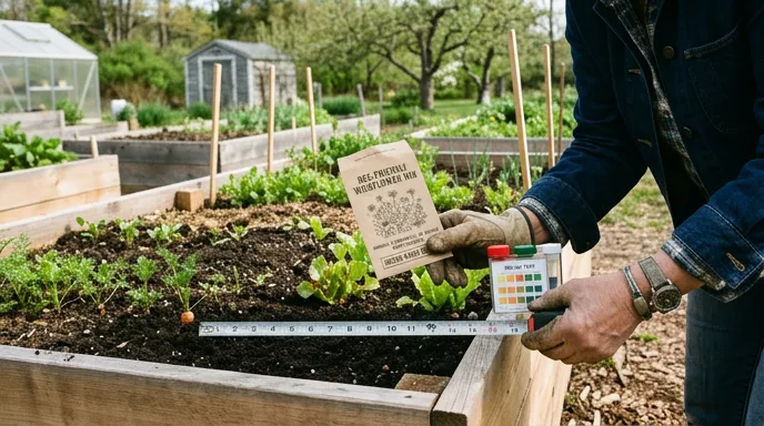 Garden planning with seed packet and soil test near raised bed