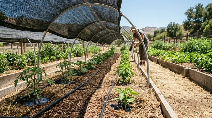 Mulched garden rows with drip irrigation and shade cloth