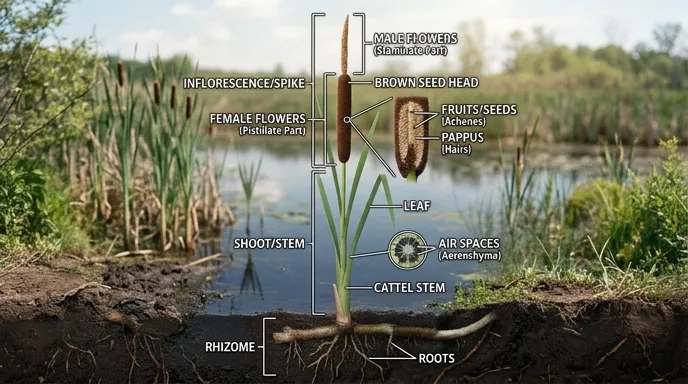 Diagram of cattail plant parts used for food and decor preservation