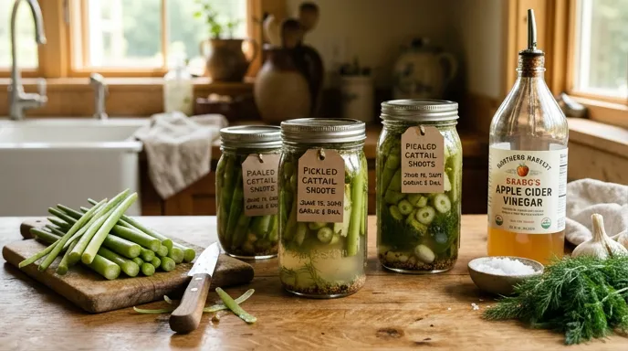 Refrigerator jars of pickled cattail shoots beside fresh harvest