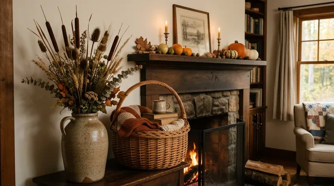 Dried cattail decor arrangement on a mantel
