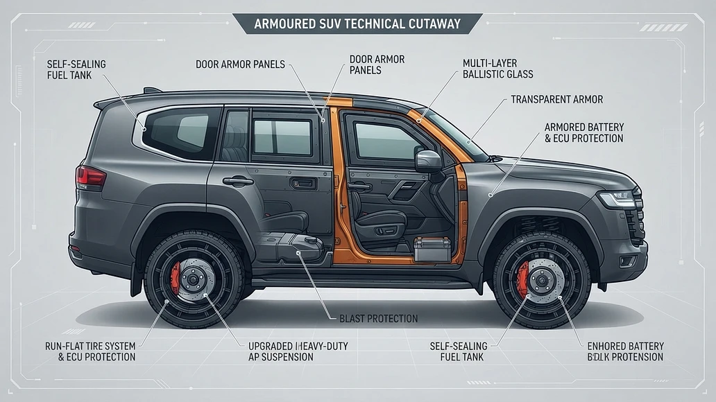 Diagram-style view of an armored SUV showing major protection components